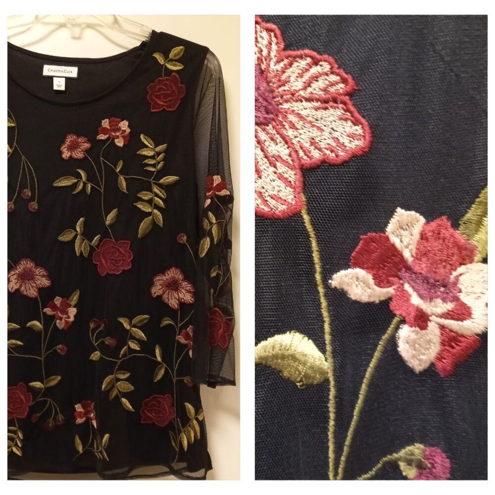 Charter Club Embroidered Flowers Mesh Overlay Black Blouse Top sz S